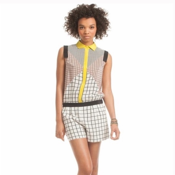 Trina Turk Clover Geometric Grid Mix Print Button Front yellow black Silk Romper - Picture 1 of 9